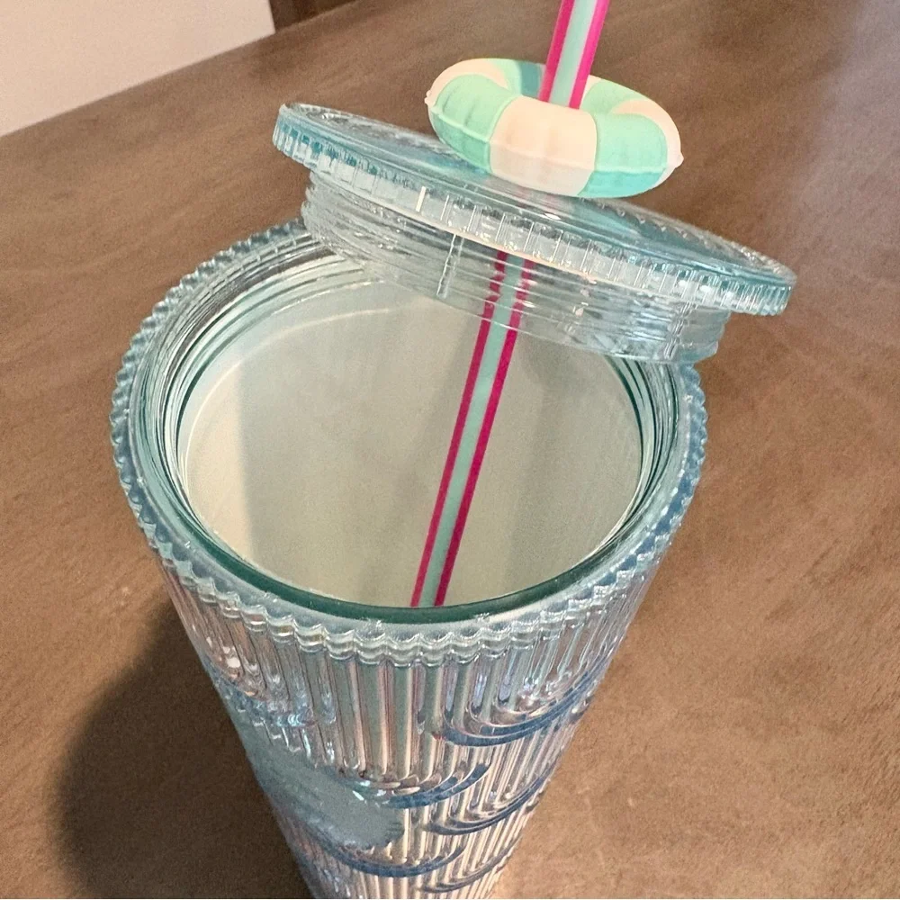 Starbucks 2025 Summer Beach Pool Floaty Straw Topper Pink‎ Blue 24 oz Cold Cup